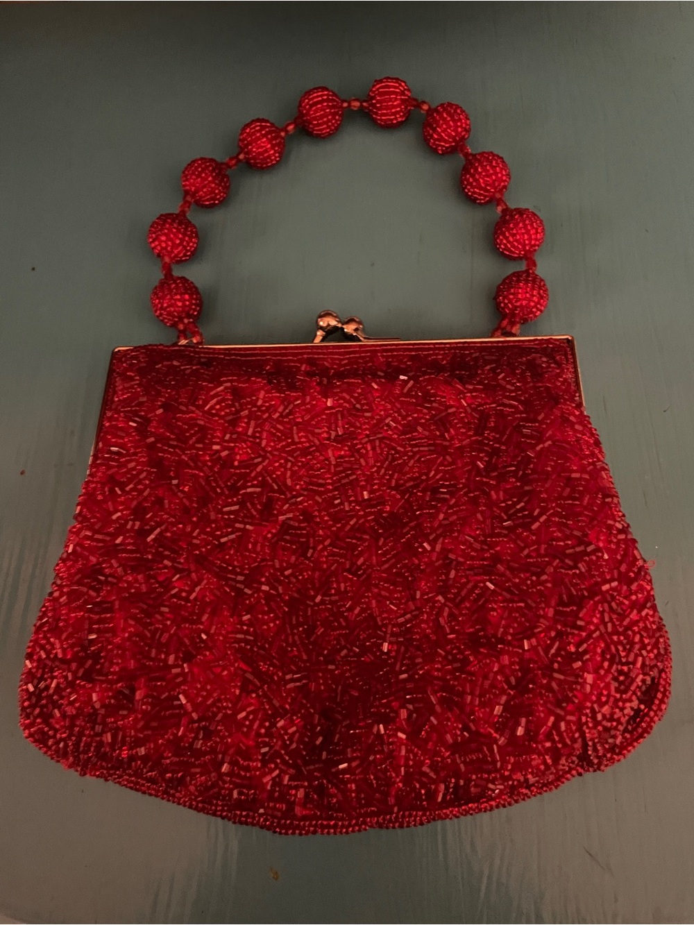 Red Beaded Small Evening Bag Kiss Lock Ball Handle Cocktail Purse